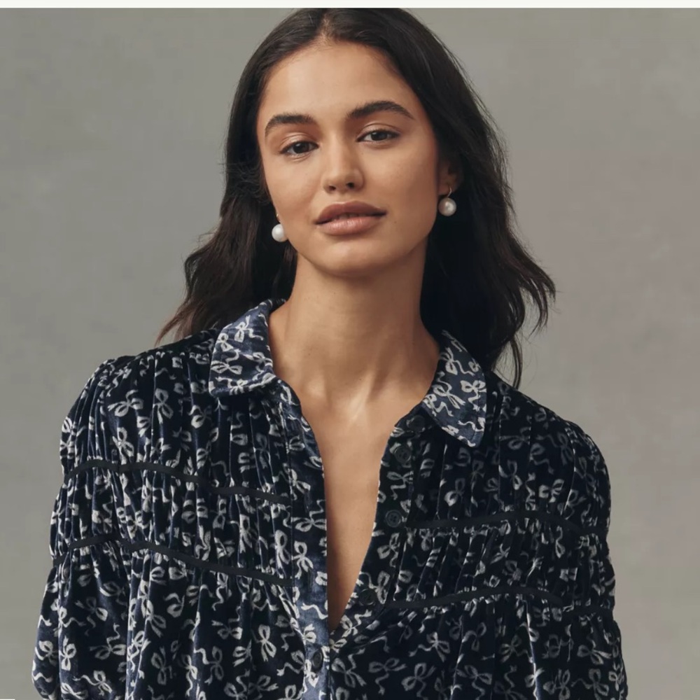 Maeve Leandra Velvet Shirred Yoke Blouse - Picture 2 of 6